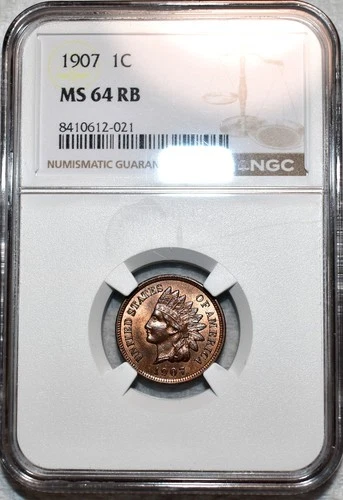 NGC MS-64 RB 1907 Indian Head Cent, Razor-Sharp, Red-Brown specimen.