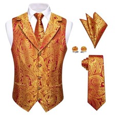 Mens Suit Vest 4PC Silk Paisley Vest with Necktie X-Large A-red Gold Floral