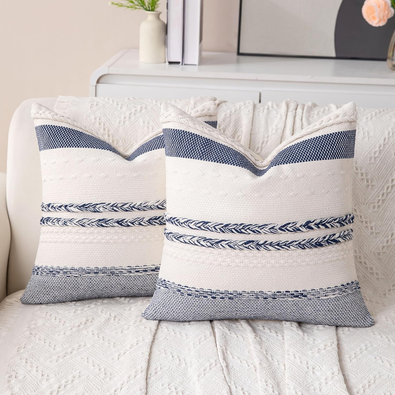 Decorative Boho Navy Blue Striped Pillow Covers Set of 2-18X18 Inch Farmhouse Ac