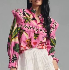 Farm Rio x Anthropologie LEOPARD FOREST S Pink Floral Animal Print Blouse