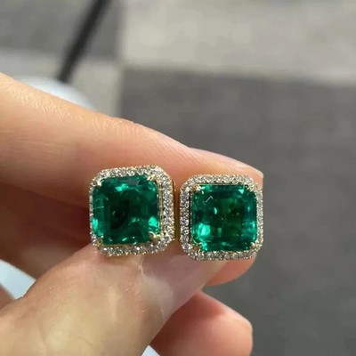5.99 Ct Asscher Cut Natural Columbian Emerald Diamond Stud 14K Solid Yellow Gold