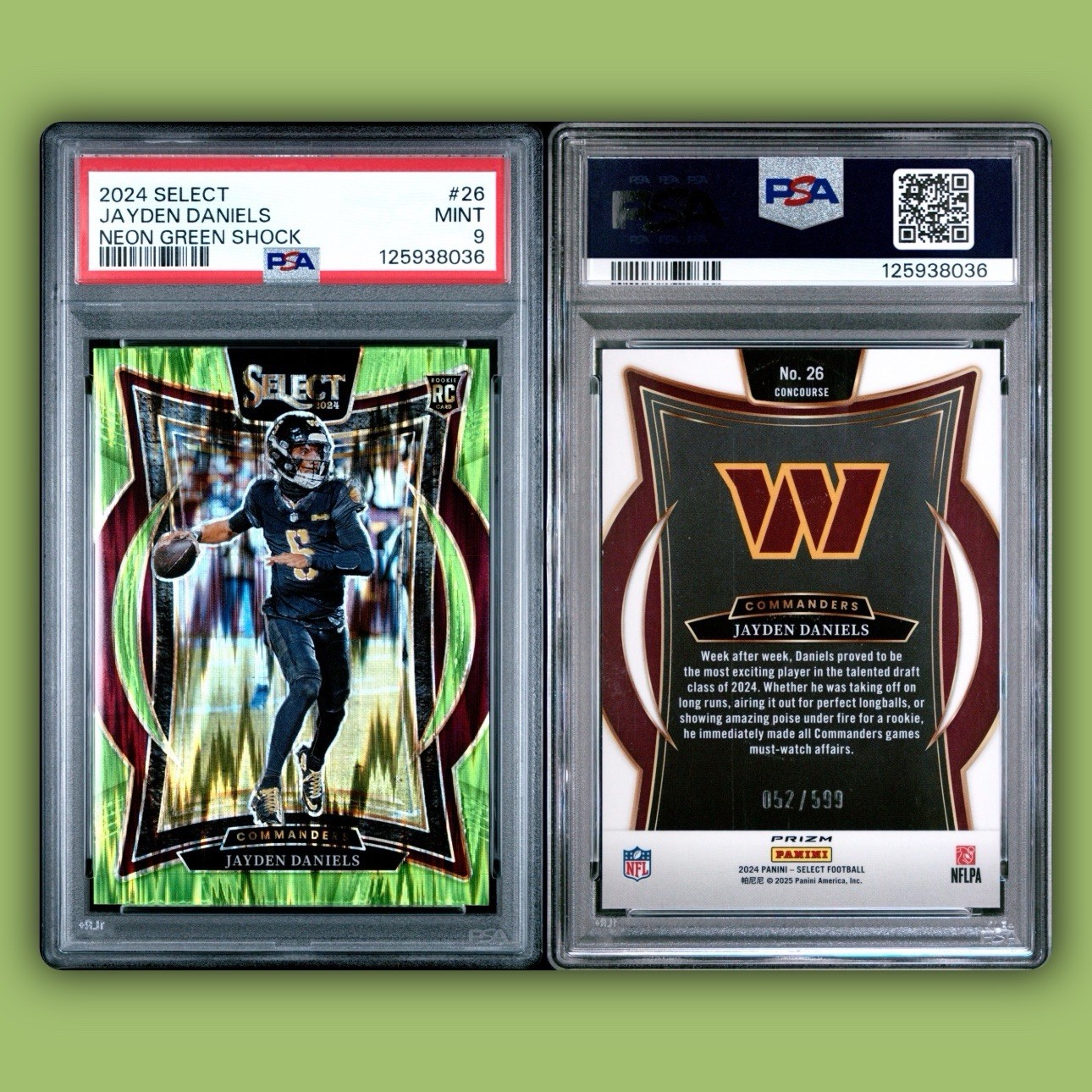 2024 Select - Concourse Jayden Daniels #26 Neon Green Shock /599 (RC) - PSA 9