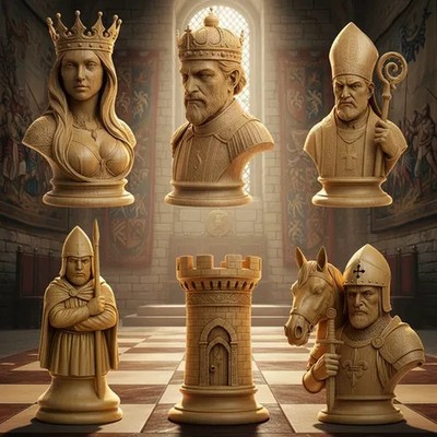 MEDIEVAL 9 Chess Set Pieces Only no Board With 2 Extra Queens