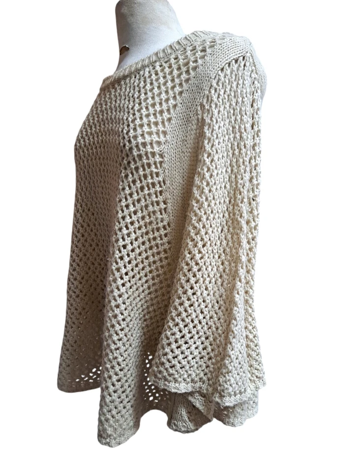 Suéter feminino de crochê chave de cobre L bege malha aberta poncho túnica Cottagecore Y2K - Imagem 3 de 4