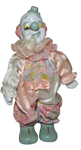 VTG Porcelain Wind Up Musical Clown Doll 12" Pink Outfit Nostalgic WORKS