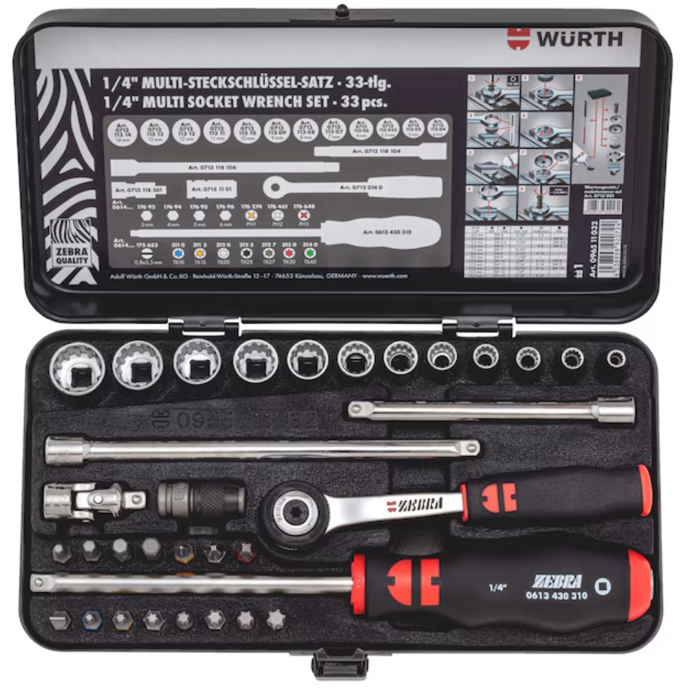 Würth 33-Piece 1/4"" Drive Multi-Drive Socket & Accessory Set – Metric, Torx, Hex