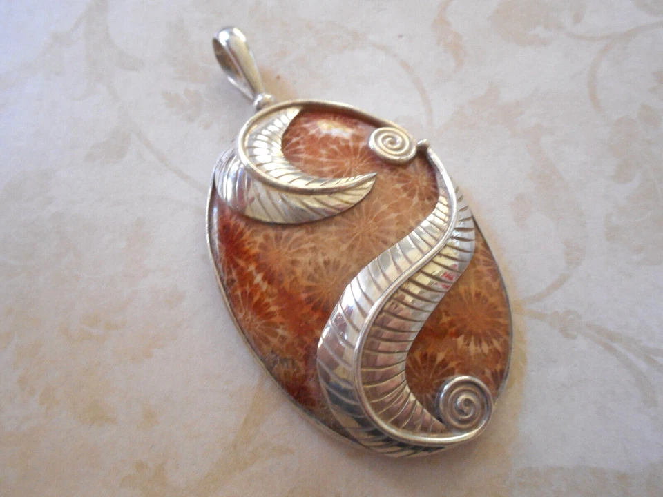 Colgante grande de plata de ley Sajen coral petrificado M59P2 Foto 3 de 4