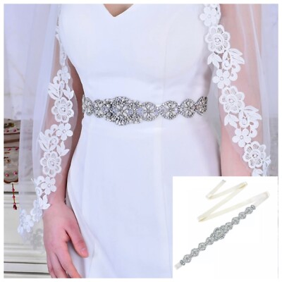 Braut Hochzeit Brautjungfern Kleid Silber Kristall Perlen Schärpe Elfenbein Band Gürtel