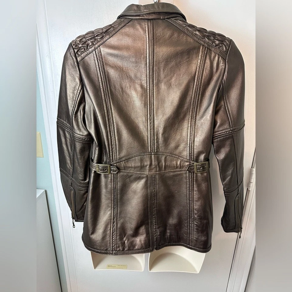 Women’s Leather Excelled Collection Zip Jacket metallic bronze belt strap Size M - Image 2 of 4