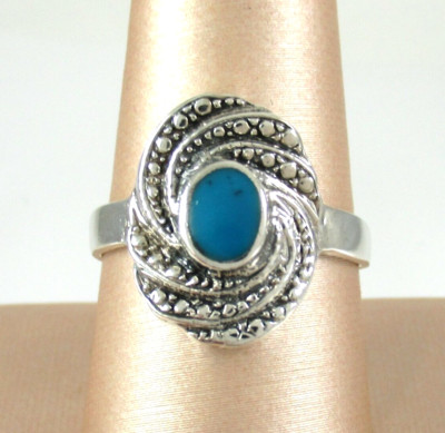.925 Sterling Silber Türkis Ring oval Größe 8,75 Wirbel Design strukturiert