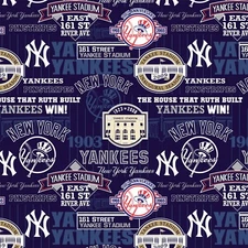 BTY MLB New York Yankees Stadium Win Blue Cotton Fabric By The Yard