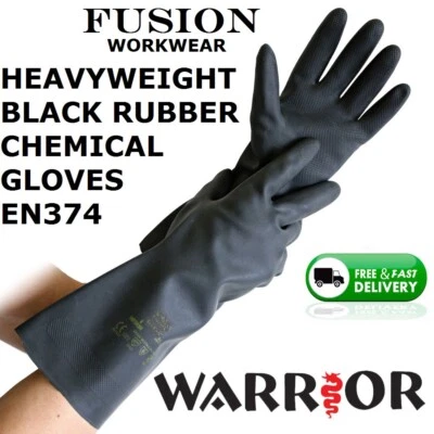 WARRIOR. CHEMICAL GLOVES.RUBBER GLOVES.HEAVY DUTY.OIL,PETROL,ACID ALKALI, JET BLACK. FOOD