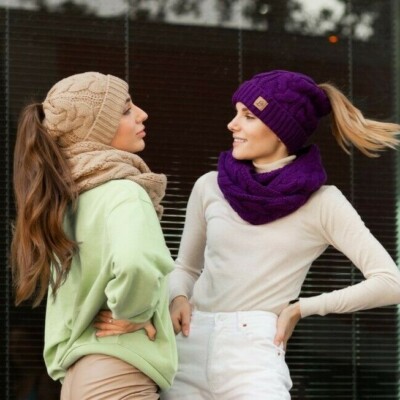 Women Hat and Scarf Set Beanietail High Bun Ponytail Stretchy Knit Beanie