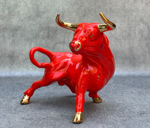 RED PORCELAIN MATADOR BULL STATUE FIGURINE GOLD LEAF GILDING MCM 12" L 8 1/2" H