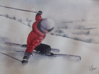 Original Signed Child Snow Mountain Pleasures Watercolor ''Young Skier''