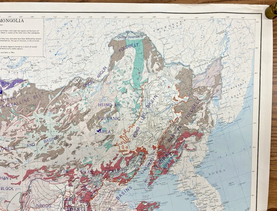 Vintage ARPA DOD Geology GSA Tectonic Map of China and Mongolia 1973 33.5" x 42" - Image 4 of 4
