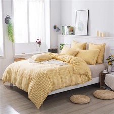 Yellow Plaid Duvet Cover Set Full 100 Cotton Ultra Soft Grid Bedding Reversi...