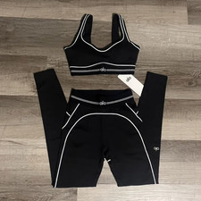 2-Piece Athleisure Set Black/White Trim Sports Bra Leggings Size S