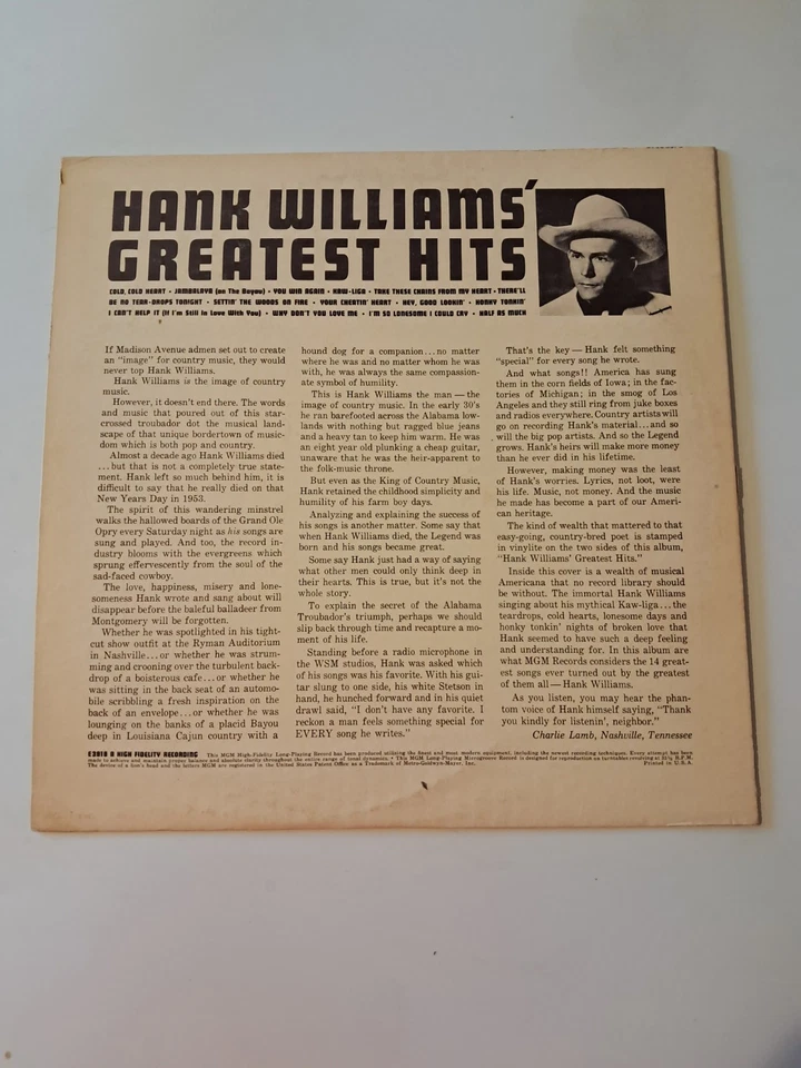 Hank Williams Greatest Hits LP Vinyl Record MGM Records Vintage Country Album Foto 2 de 4