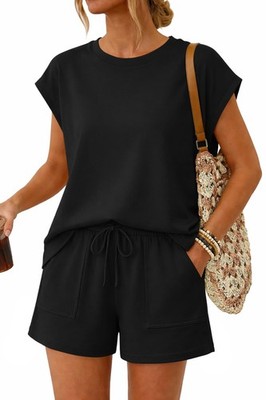 Womens Two Piece Crew Neck Short Sets Cap Sleeve Drawstring Spring Summer Swe...