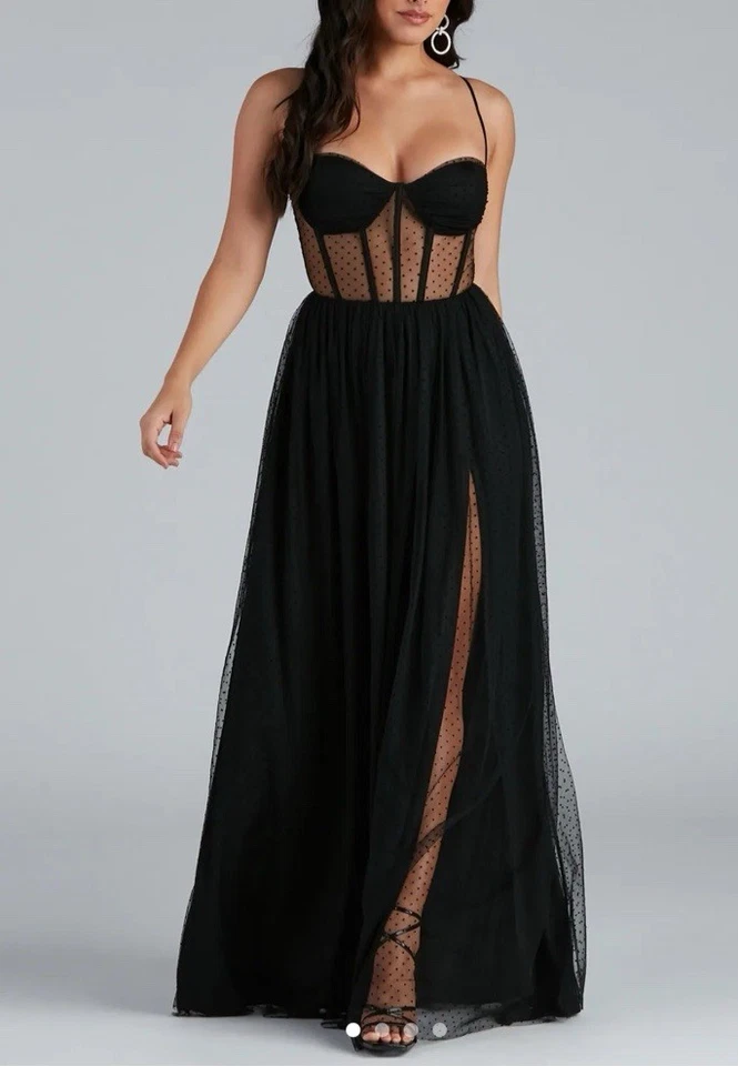 Vestido Windsor Swiss Dot Corsé Superpuesto Transparente XS Negro Gótico Vamp Coqueta Oscura Foto 2 de 4