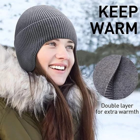 Gorro con orejeras forrado de piel sintética gorra tejida sombrero de esquí invierno cálido ciclismo al aire libre Foto 3 de 4