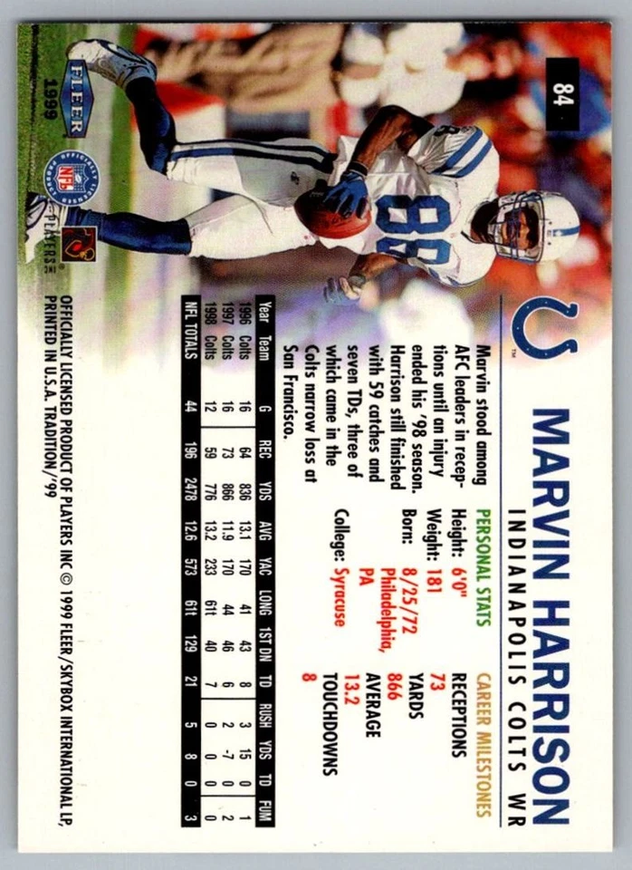 1999 Fleer Tradition Marvin Harrison Indianapolis Colts #84 - Image 2 of 2