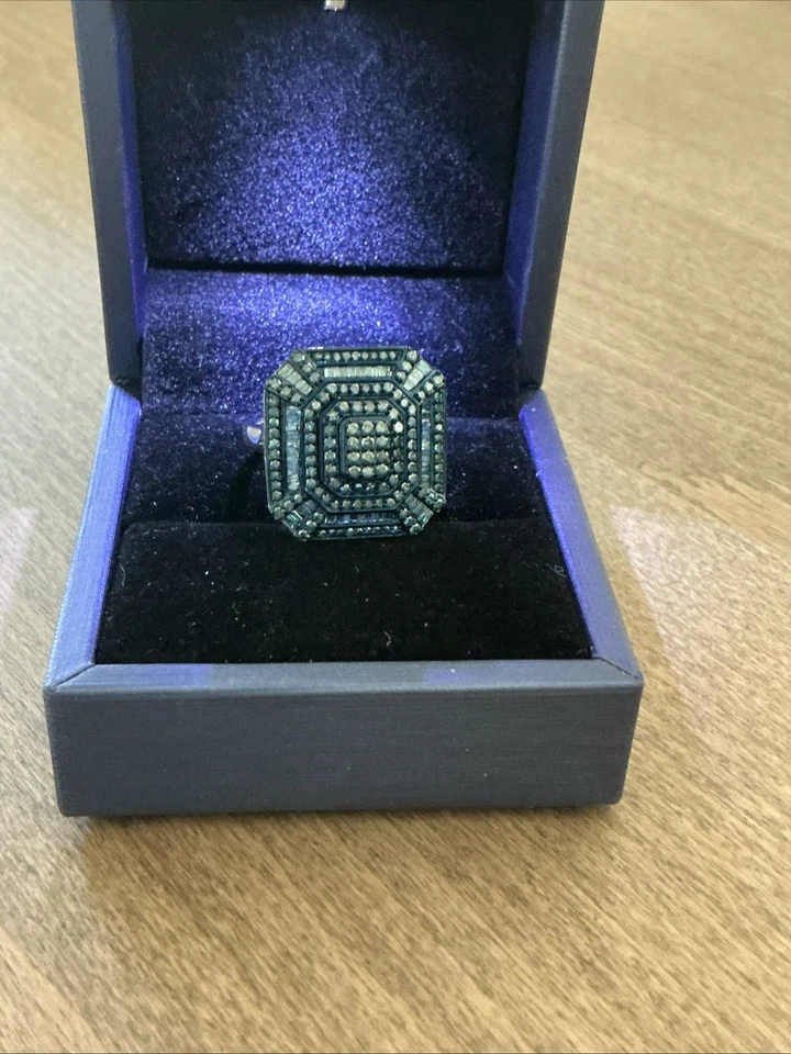 Anillo Art And Deco de Diamantes Azules en Platino Sobre Plata de Ley Talla 8 Foto 3 de 4