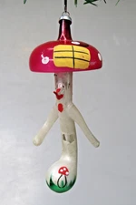 Vintage Glass Funny Confused MUSHROOM w Hand Christmas Ornament De Carlini Italy
