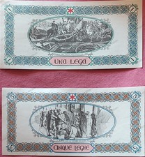 BANCONOTE LEGA NORD - REPUBBLICA  - ANNO 1993 CATTANEO/GIOBERTI- 1 LEGA, 5 LEGHE