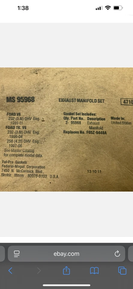 Conjunto de junta coletor de escape Fel-pro MS95968 para 1996-2008 Ford 3.8L 3.9L 4.2L - Imagem 3 de 3