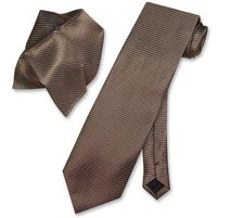 Antonio Ricci NeckTie Handkerchief Taupe Brown with Silver Ribbed Lines Tie Set