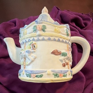 Vintage Carousel Merry Go Round Ceramic Teapot Floral Horse Novelty Tea Pot