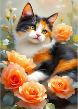 DIY 5D Colorful Cat Diamond Art Kits, round Full Drill Flowers Diamond Painting