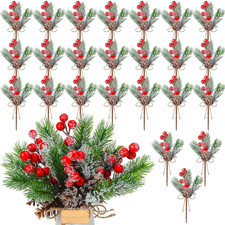 24 Pcs Christmas Floral Pine Cones for Crafts Red Berry Stems Artificial Evergre
