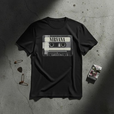 Nirvana Shirt Black Cassette Tape Graphic Kurt Cobain Grunge Rock Band Tee VTG