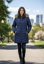 Tommy Hilfiger Women s Large Navy Long Puffer Coat Faux Fur Winter Jacket