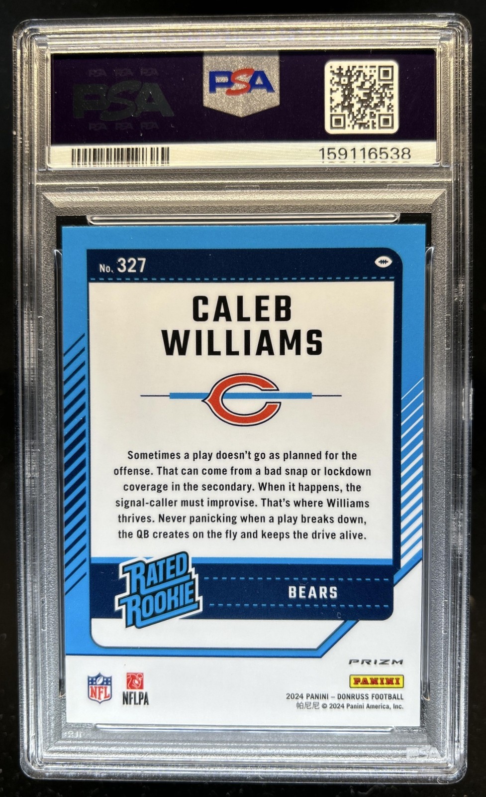 2024 Donruss Caleb Williams Optic Rated Rookie Preview Red and Green #327 PSA 10 view 2