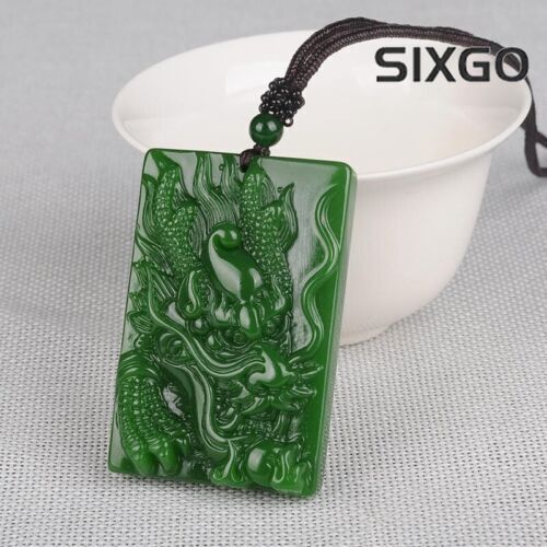 China natürliche grüne Jade handgeschnitzter Drache Halskette Anhänger - Bild 1 von 8