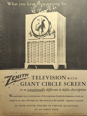 Zenith Television Giant Circle Screen TV Cabinet Vintage Print Ad 1948