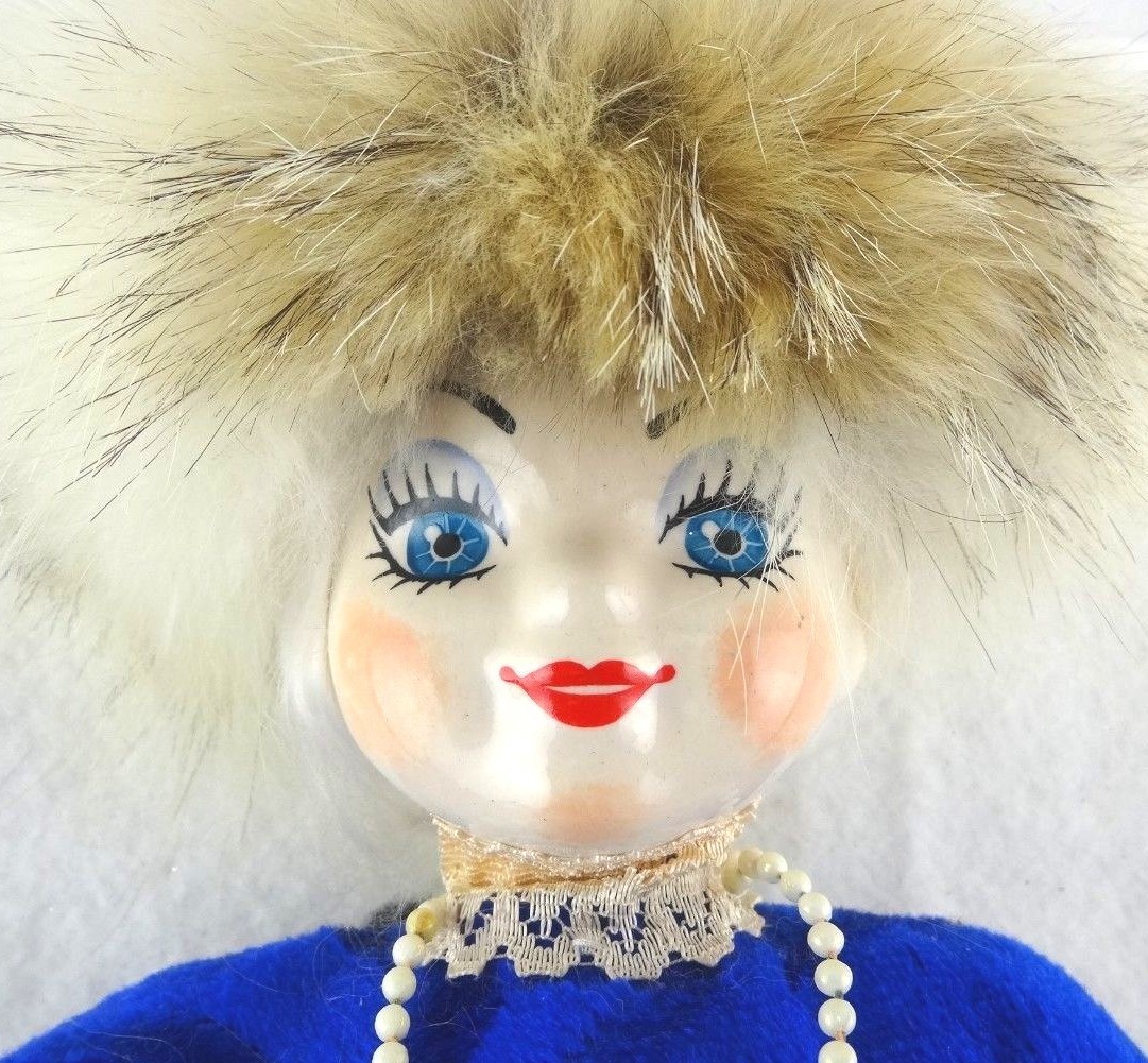 Vintage Russian Doll Porcelain Face/Hands/Feet with Real Fur Hat