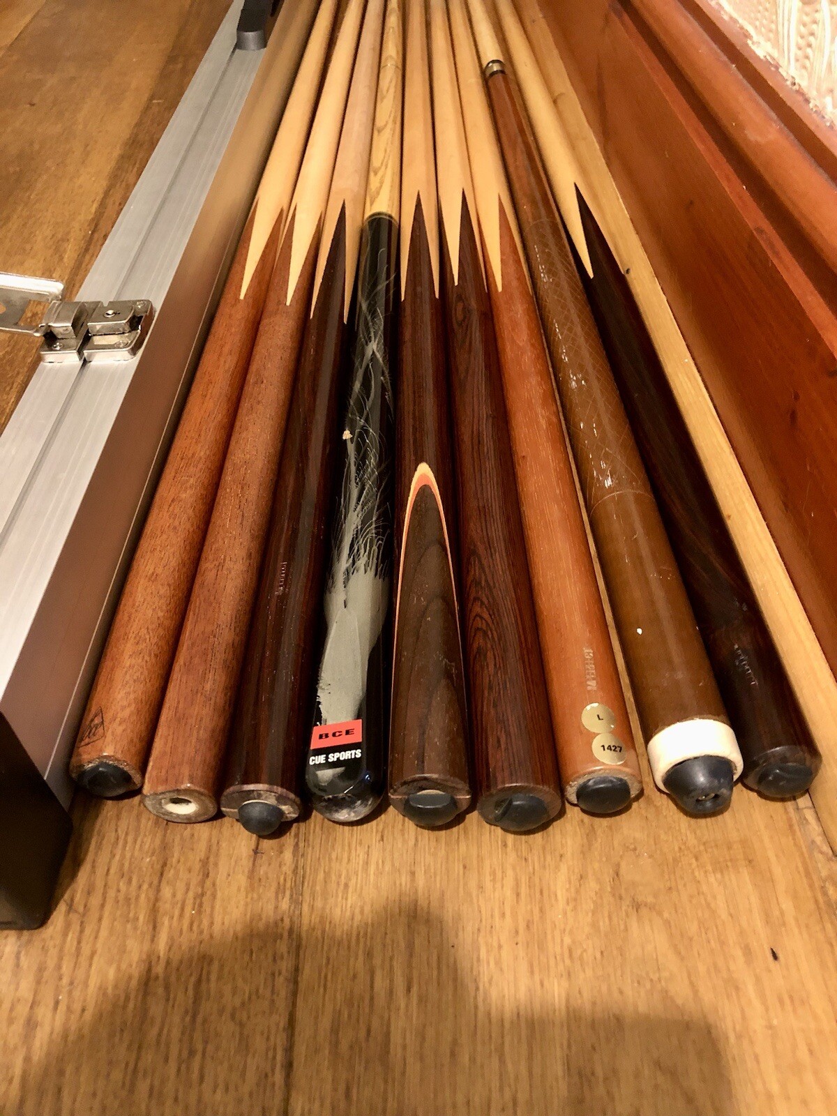 9 Vintage Snooker Cues And Aluminium Long Cue Case, One And Two Piece