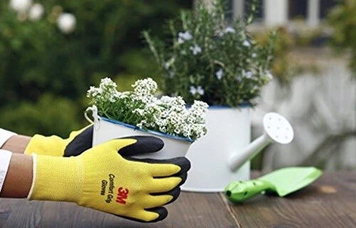 Guantes de trabajo de nailon recubiertos de goma de nitrilo 3M, finos, lavables a granel paquete de 10 amarillos Foto 3 de 4