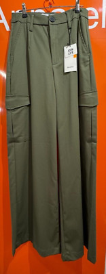  Bershka Wide Leg Cargo Trousers, Khaki Green, NEW, Size 10, SF