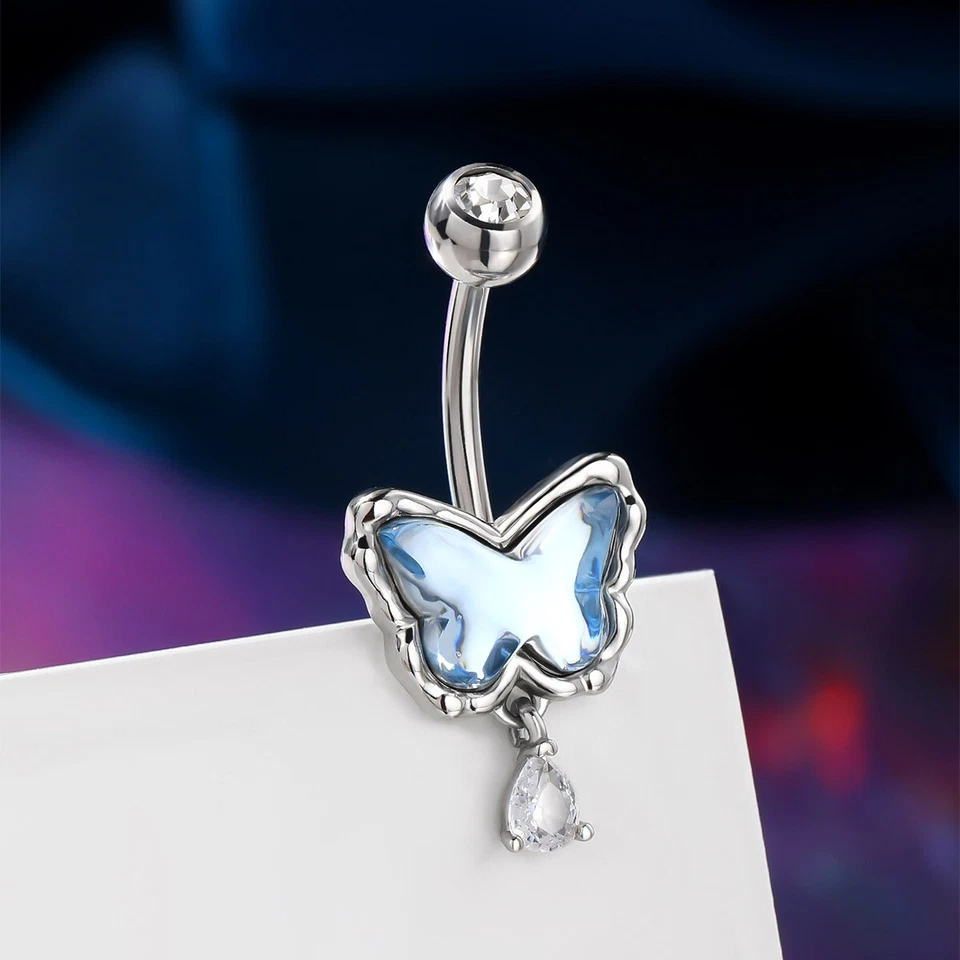 Пупок кнопка кольцо подвеской синий бабочка 14G 316L из нержавеющей стали CZ пупок кольцо - Изображение 4 из 4