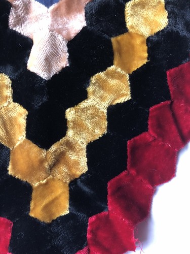 Antique Velvet Hand Stitched Pieced Diamond Partial Quilt Top Unfinished - Picture 5 of 18