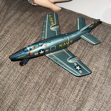 1950's T.N. Nomura JET PLANE NAVY DEMON 8" Japan tin friction w/blink lights MIB