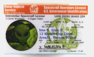 Alien Ima N. Alien II Spacecraft Operators License U.S. Government ID