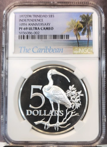 1972 TRINIDAD & TOBAGO SILVER 5 DOLLARS SCARLET IBIS BIRD NGC PF 69 ULTRA CAMEO