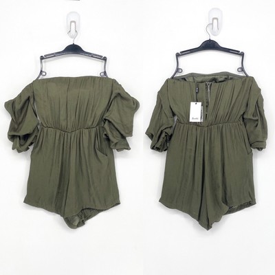 Bardot Women 4 Caught Sleeve Playsuit Romper Khaki Green Ruched Off Shoulder NEW